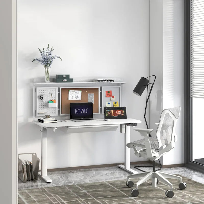 Bureau assis-debout électrique blanc KOWO 55 avec tiroir et dossier réglable en hauteur pour bureau à domicile