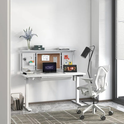 Bureau assis-debout électrique blanc KOWO 55 avec tiroir et dossier réglable en hauteur pour bureau à domicile