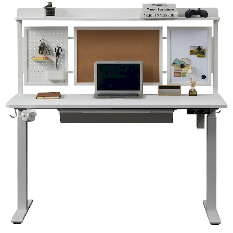 Bureau assis-debout électrique blanc KOWO 55 avec tiroir et dossier réglable en hauteur pour bureau à domicile