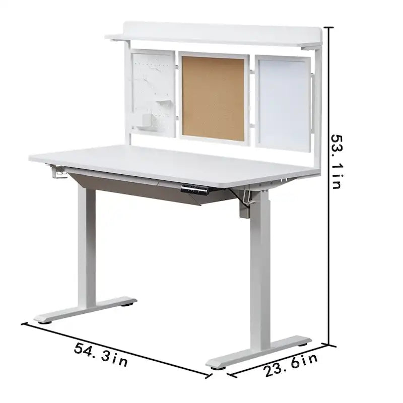 Bureau assis-debout électrique blanc KOWO 55 avec tiroir et dossier réglable en hauteur pour bureau à domicile