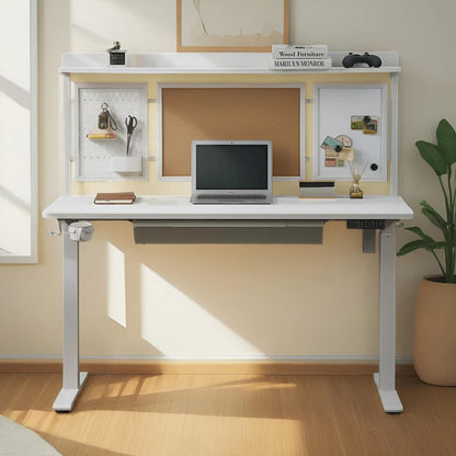 Bureau assis-debout électrique blanc KOWO 55 avec tiroir et dossier réglable en hauteur pour bureau à domicile