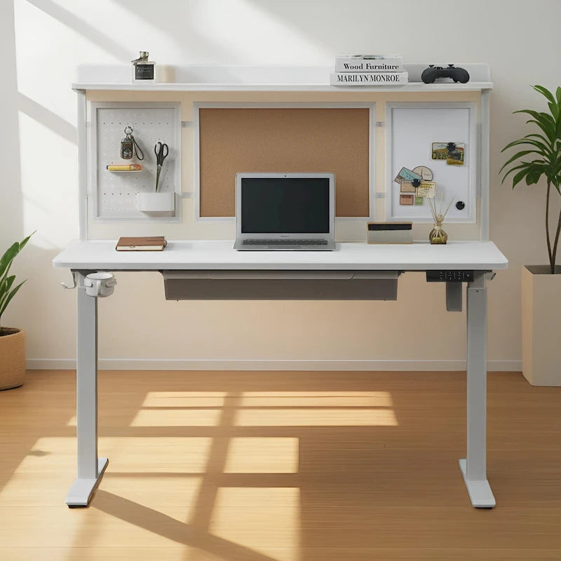 Bureau assis-debout électrique blanc KOWO 55 avec tiroir et dossier réglable en hauteur pour bureau à domicile
