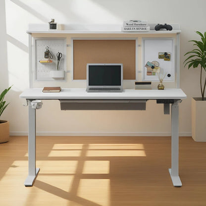 Bureau assis-debout électrique blanc KOWO 55 avec tiroir et dossier réglable en hauteur pour bureau à domicile