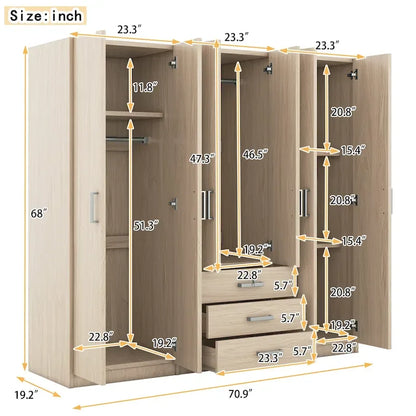 Armoire de rangement en bois à 6 portes avec 3 grands tiroirs pour chambre à coucher