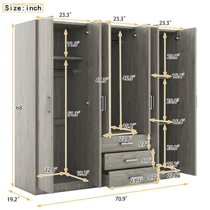 Armoire de rangement en bois à 6 portes avec 3 grands tiroirs pour chambre à coucher