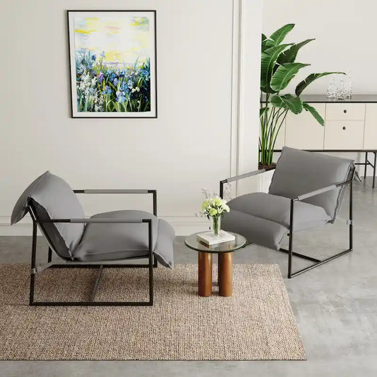 Ensemble de 2 fauteuils d'appoint en tissu avec structure en métal et dossier suspendu.