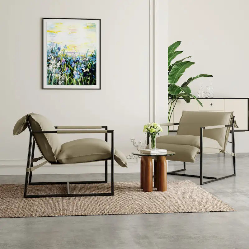 Ensemble de 2 fauteuils d'appoint en tissu avec structure en métal et dossier suspendu.