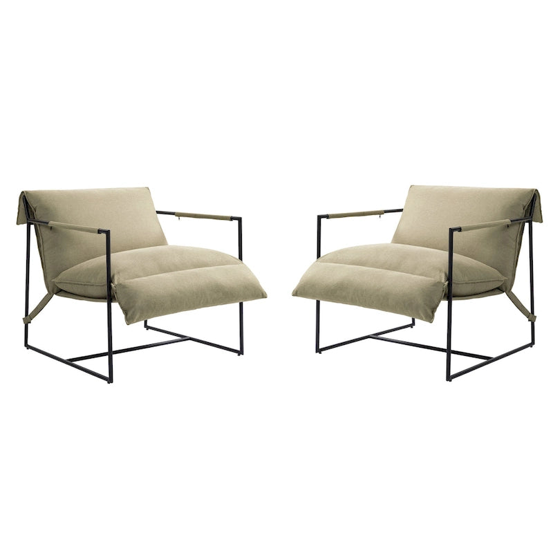 Ensemble de 2 fauteuils d'appoint en tissu avec structure en métal et dossier suspendu.