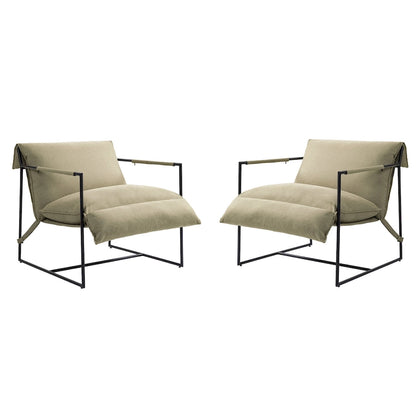 Ensemble de 2 fauteuils d'appoint en tissu avec structure en métal et dossier suspendu.