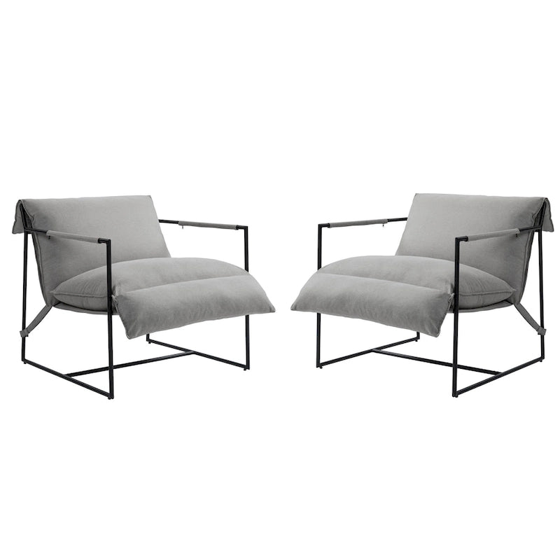 Ensemble de 2 fauteuils d'appoint en tissu avec structure en métal et dossier suspendu.