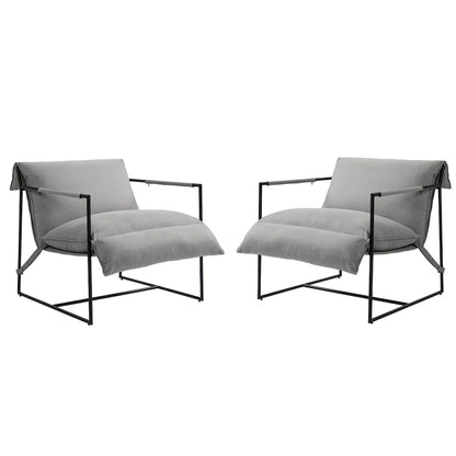 Ensemble de 2 fauteuils d'appoint en tissu avec structure en métal et dossier suspendu.