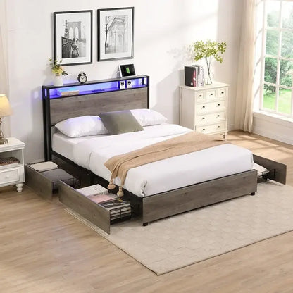 Tête de lit de lit double avec rangement et station de recharge