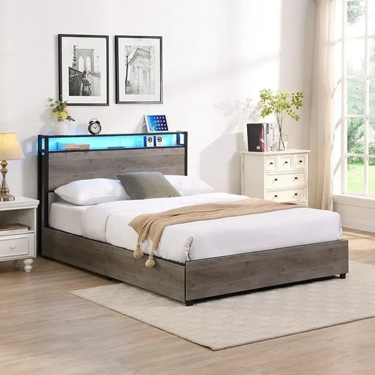 Tête de lit de lit double avec rangement et station de recharge
