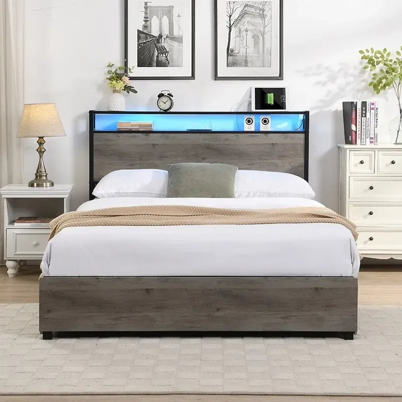 Tête de lit de lit double avec rangement et station de recharge