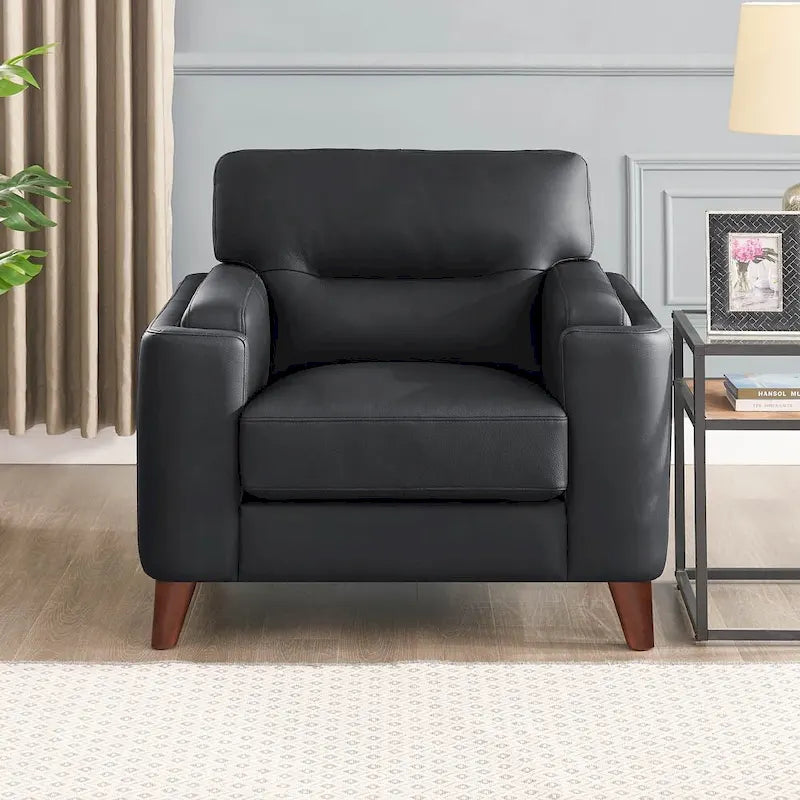 Fauteuil Hydeline Elm en cuir pleine fleur avec plumes, mousse à mémoire de forme et ressorts