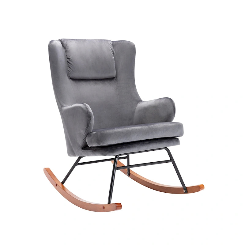 Fauteuil à bascule d'appoint Porthos Home Dax, velours, bois d'hévéa et pieds en acier