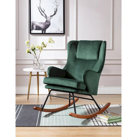 Fauteuil à bascule d'appoint Porthos Home Dax, velours, bois d'hévéa et pieds en acier