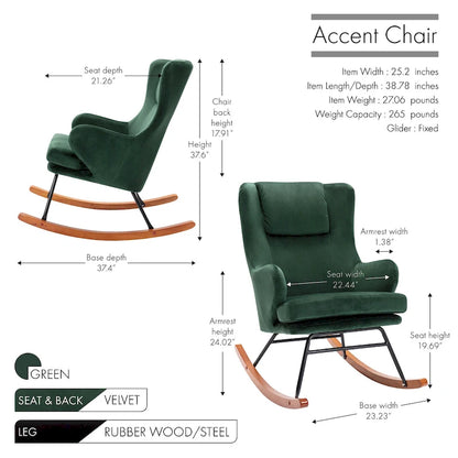 Fauteuil à bascule d'appoint Porthos Home Dax, velours, bois d'hévéa et pieds en acier