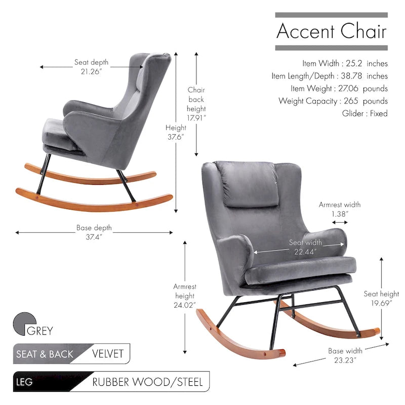 Fauteuil à bascule d'appoint Porthos Home Dax, velours, bois d'hévéa et pieds en acier