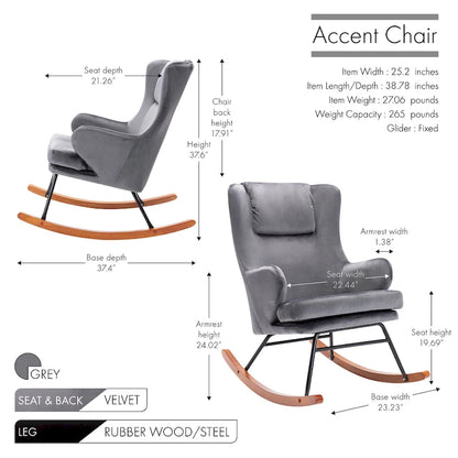 Fauteuil à bascule d'appoint Porthos Home Dax, velours, bois d'hévéa et pieds en acier