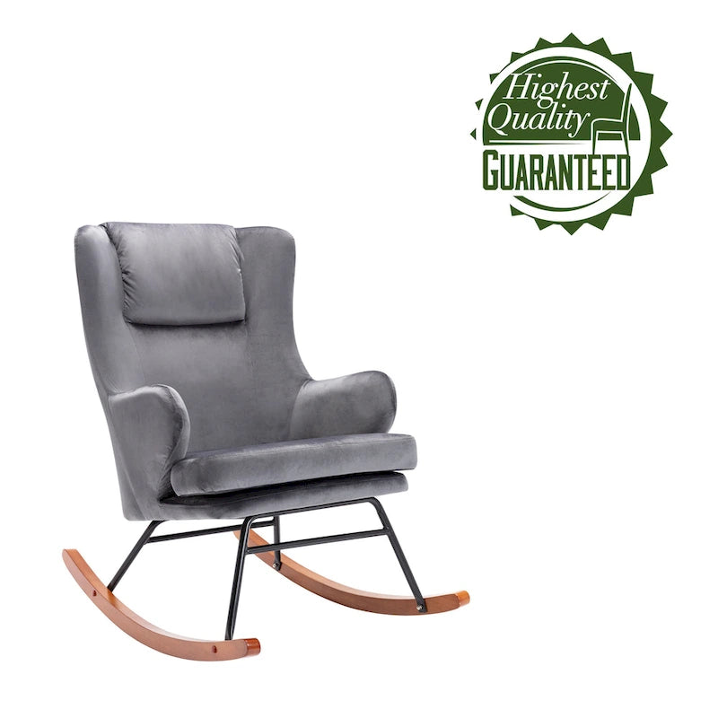Fauteuil à bascule d'appoint Porthos Home Dax, velours, bois d'hévéa et pieds en acier