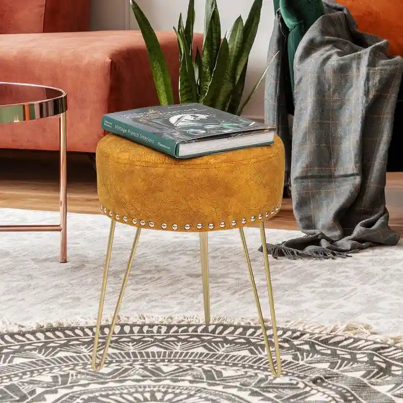 Tabouret rond Adeco, pouf en velours, pieds en métal doré