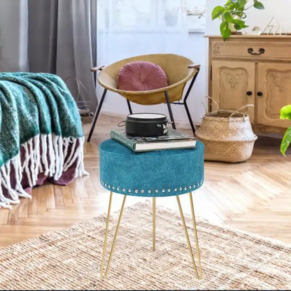 Tabouret rond Adeco, pouf en velours, pieds en métal doré