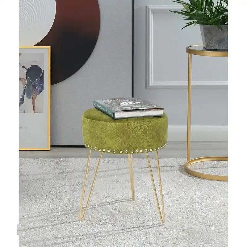 Tabouret rond Adeco, pouf en velours, pieds en métal doré