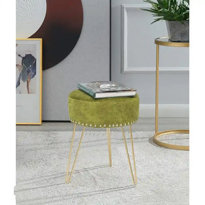 Tabouret rond Adeco, pouf en velours, pieds en métal doré