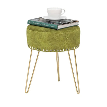 Tabouret rond Adeco, pouf en velours, pieds en métal doré