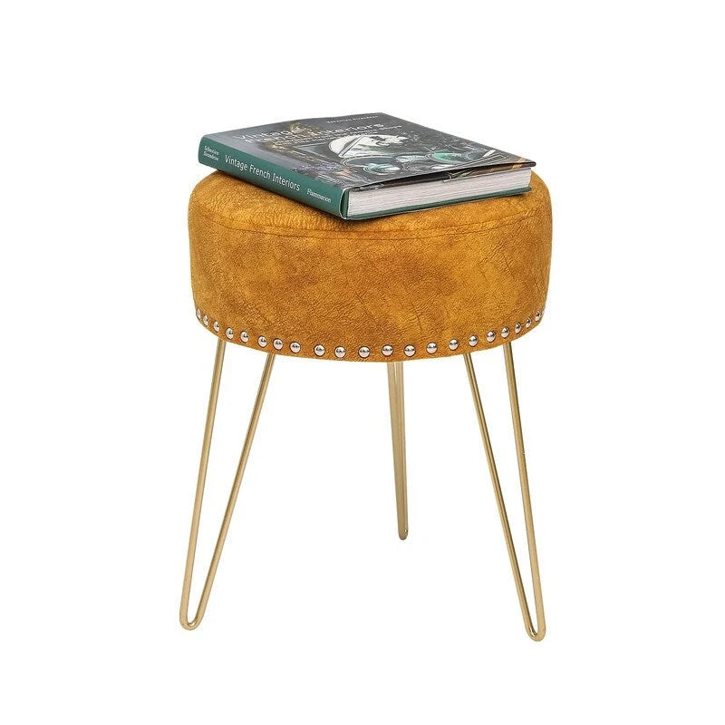 Tabouret rond Adeco, pouf en velours, pieds en métal doré