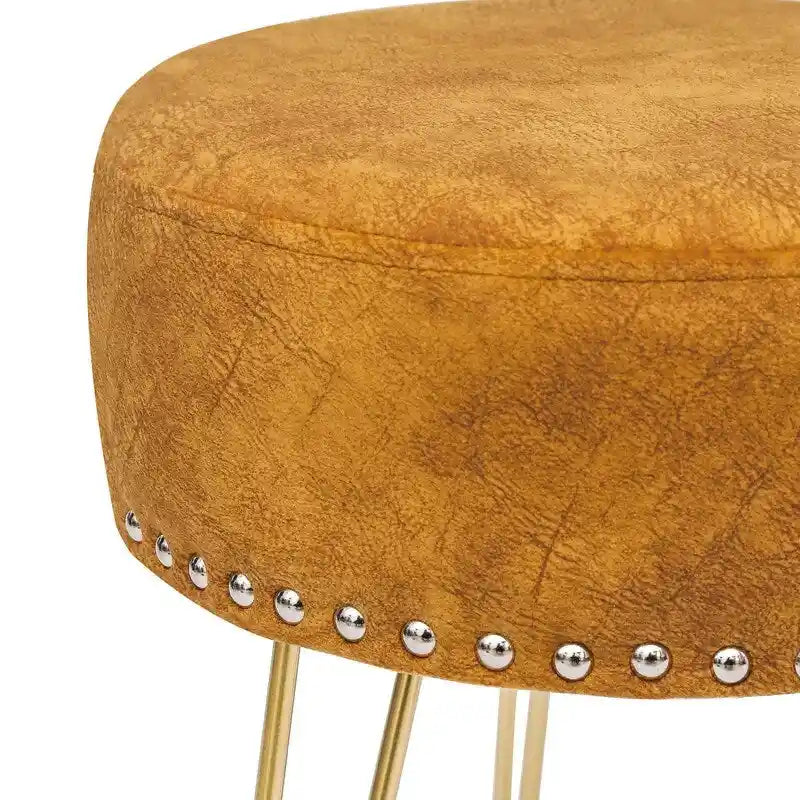 Tabouret rond Adeco, pouf en velours, pieds en métal doré