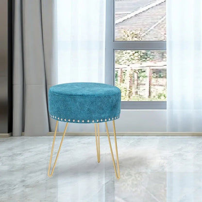 Tabouret rond Adeco, pouf en velours, pieds en métal doré
