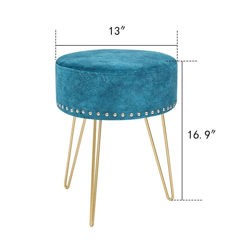 Tabouret rond Adeco, pouf en velours, pieds en métal doré