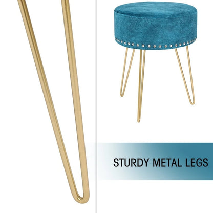 Tabouret rond Adeco, pouf en velours, pieds en métal doré