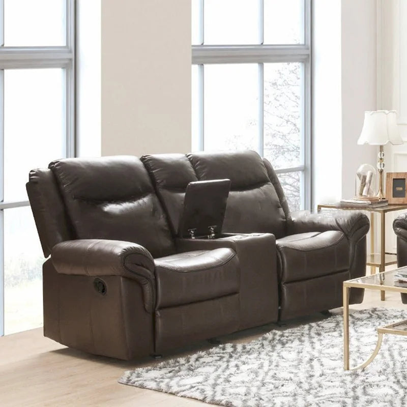 Canapé deux places en cuir marron avec console et port USB