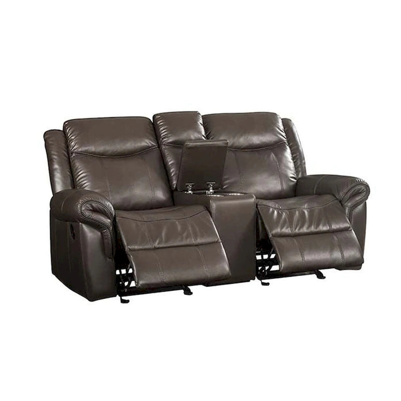 Canapé deux places en cuir marron avec console et port USB