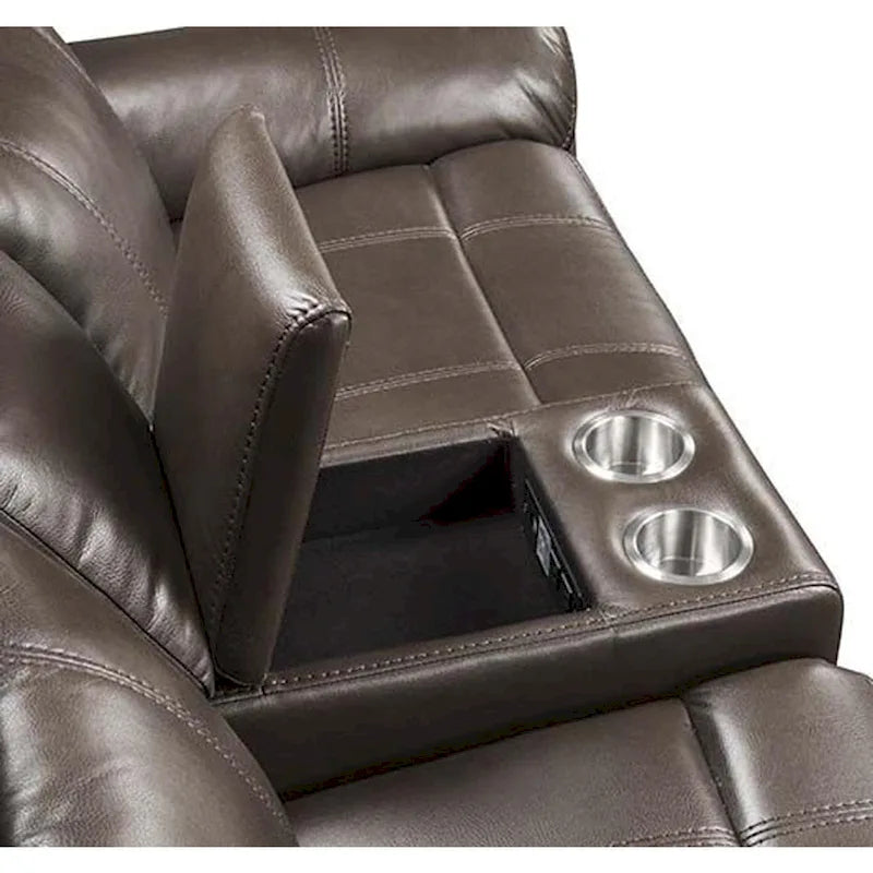 Canapé deux places en cuir marron avec console et port USB