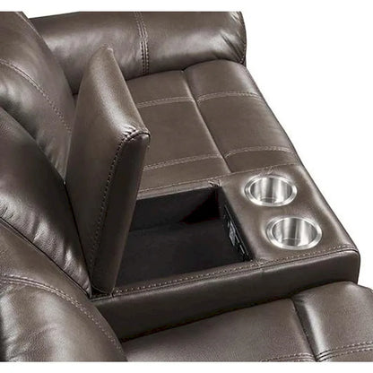 Canapé deux places en cuir marron avec console et port USB