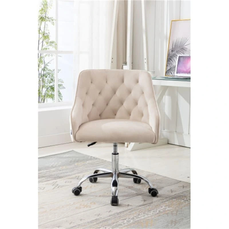 Chaise de bureau moderne en velours, réglable en hauteur, dossier mi-haut, pieds argentés.