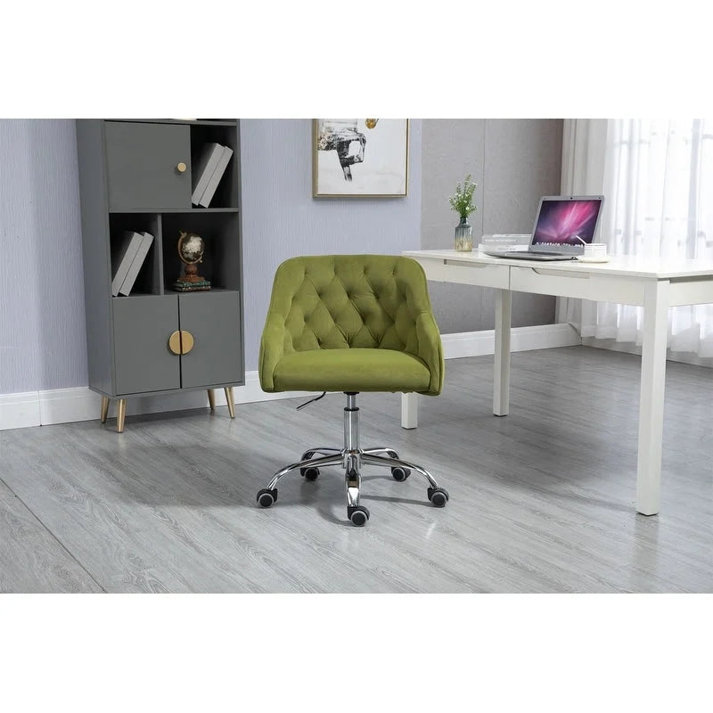 Chaise de bureau moderne en velours, réglable en hauteur, dossier mi-haut, pieds argentés.