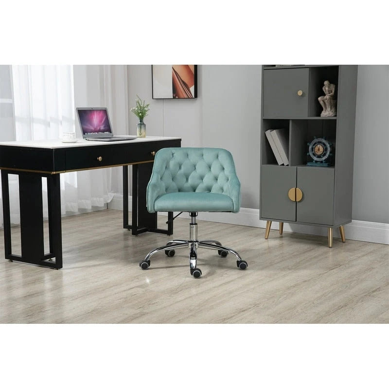 Chaise de bureau moderne en velours, réglable en hauteur, dossier mi-haut, pieds argentés.