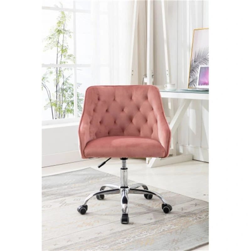 Chaise de bureau moderne en velours, réglable en hauteur, dossier mi-haut, pieds argentés.
