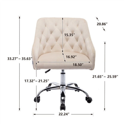 Chaise de bureau moderne en velours, réglable en hauteur, dossier mi-haut, pieds argentés.