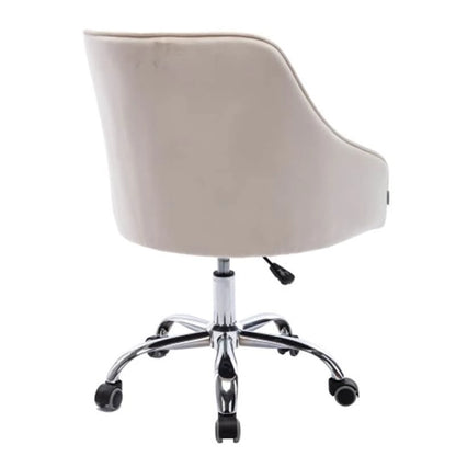 Chaise de bureau moderne en velours, réglable en hauteur, dossier mi-haut, pieds argentés.