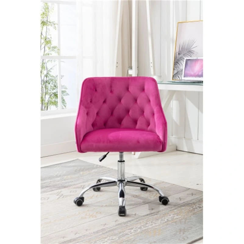Chaise de bureau moderne en velours, réglable en hauteur, dossier mi-haut, pieds argentés.