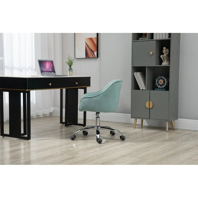 Chaise de bureau moderne en velours, réglable en hauteur, dossier mi-haut, pieds argentés.
