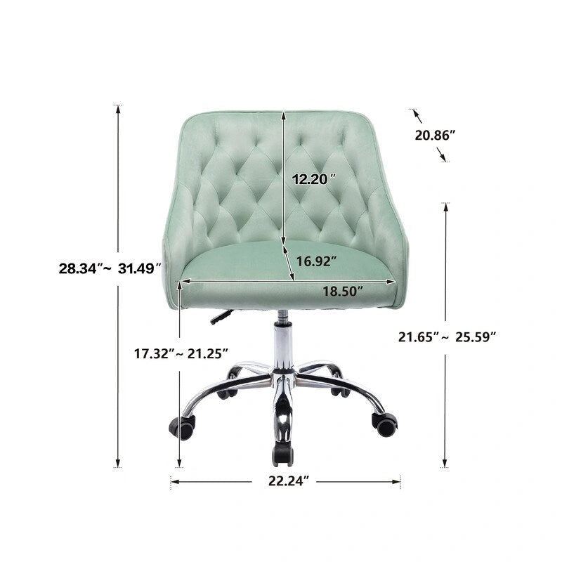 Chaise de bureau moderne en velours, réglable en hauteur, dossier mi-haut, pieds argentés.