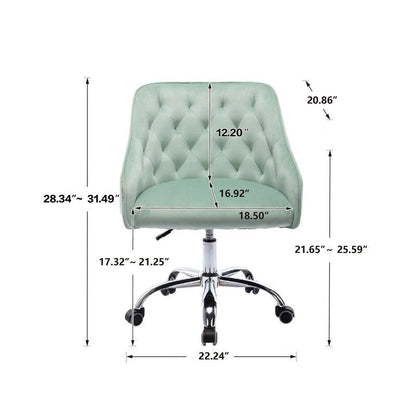 Chaise de bureau moderne en velours, réglable en hauteur, dossier mi-haut, pieds argentés.