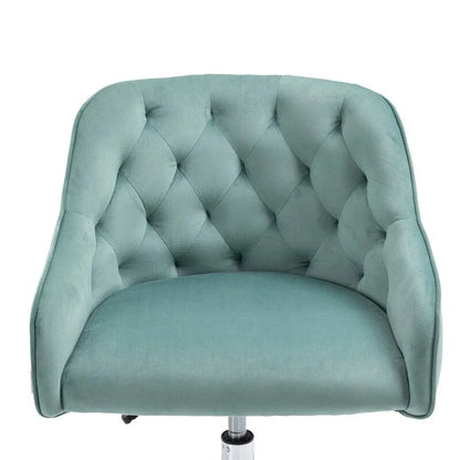 Chaise de bureau moderne en velours, réglable en hauteur, dossier mi-haut, pieds argentés.